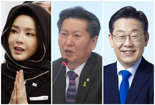 (왼쪽부터) 윤석열 대통령 부인 김건희 여사, 정청래 더불어민주당 의원, 이재명 민주당 대표. <대통령실·민주당 제공, 연합뉴스>